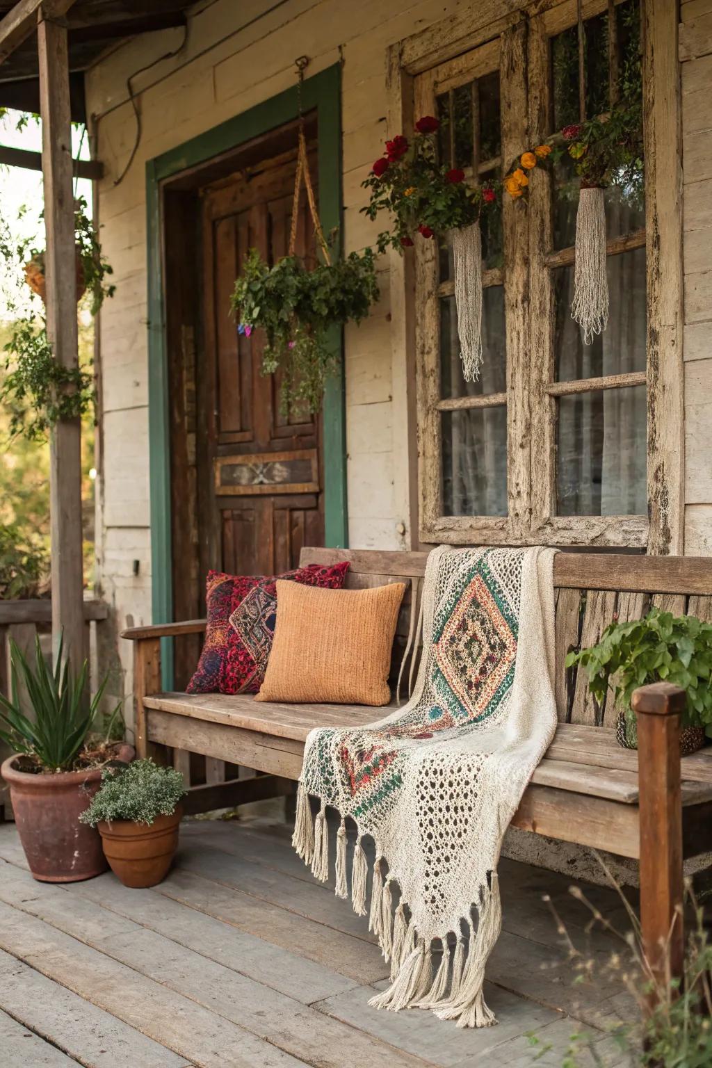 Infuse boho vibes with macramé accents on your rustic bench.