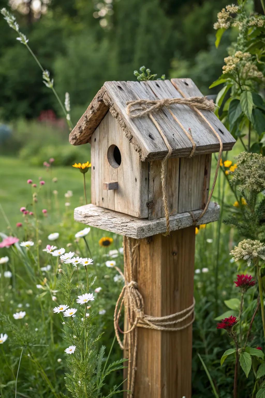 A birdhouse with twine accents for added rustic charm.