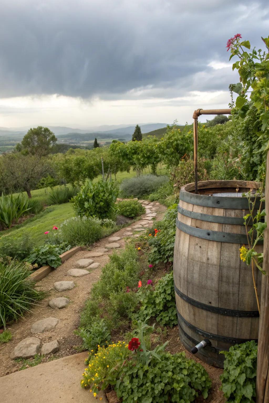 Rainwater collection system in a garden