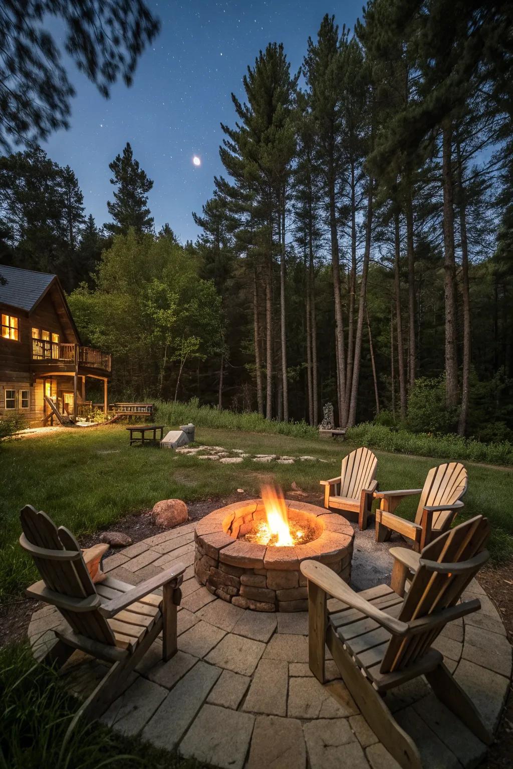 Adirondack chairs provide classic charm and comfort around a rustic fire pit.