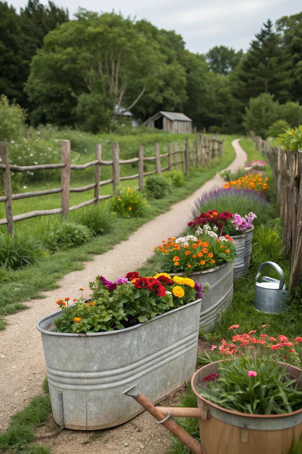 Galvanized troughs bring a farmhouse feel to this rustic flower bed.
