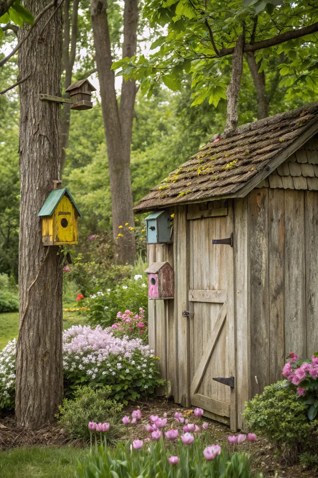 Rustic birdhouses add a whimsical touch to this garden shed.