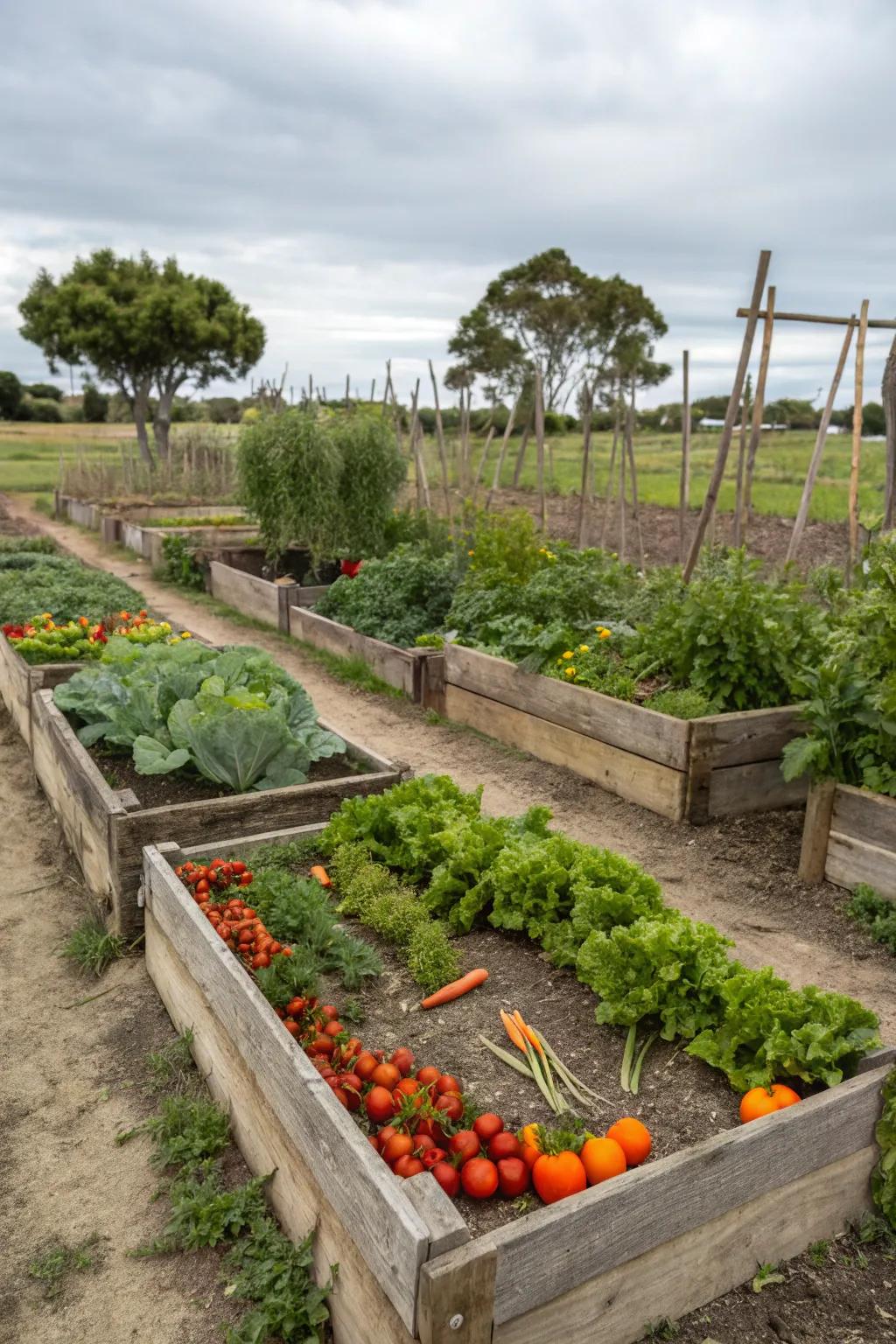 Vegetable patches add functionality and charm to rustic landscapes.
