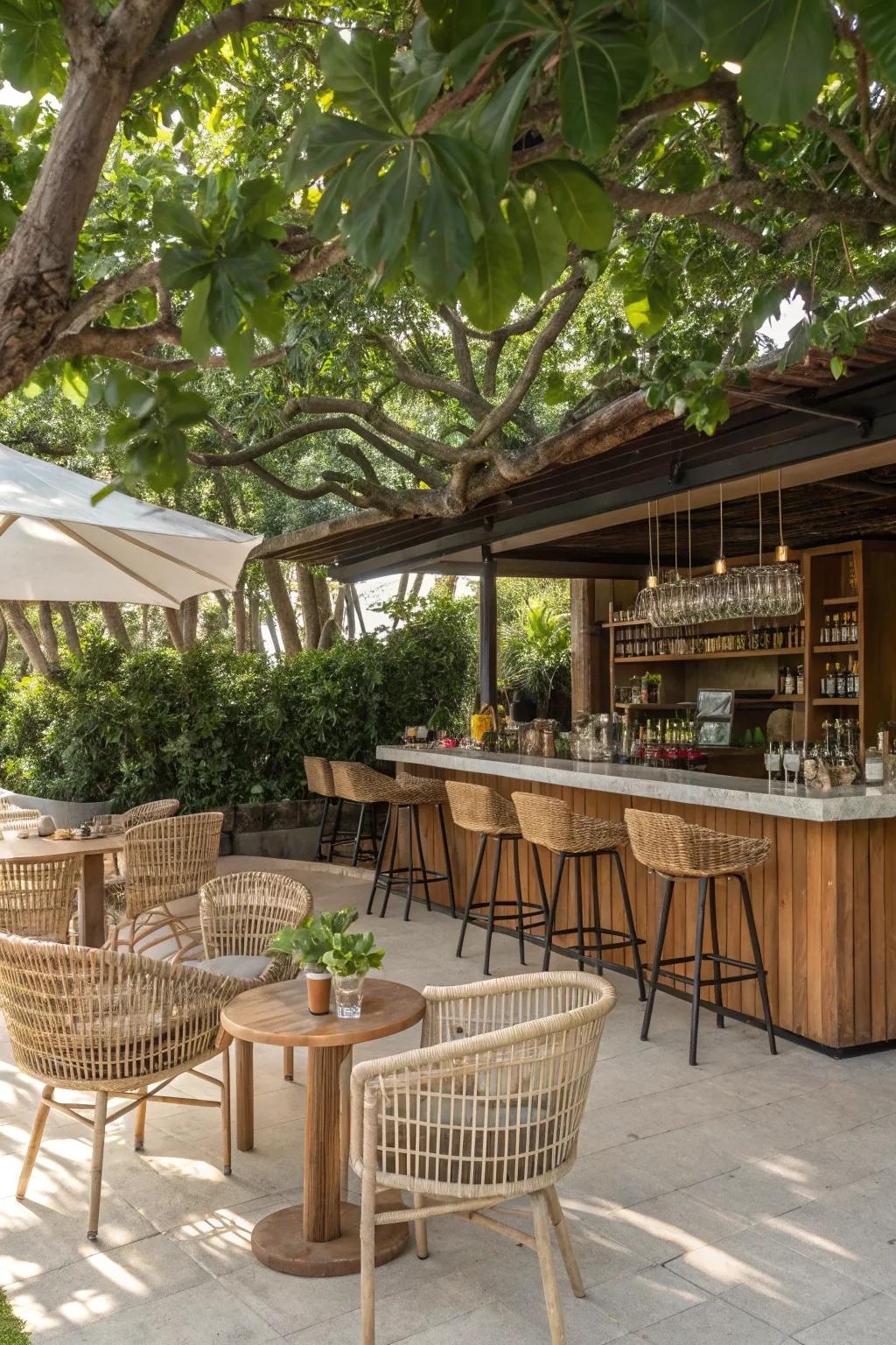 Wicker elements add texture and elegance to this rustic bar.