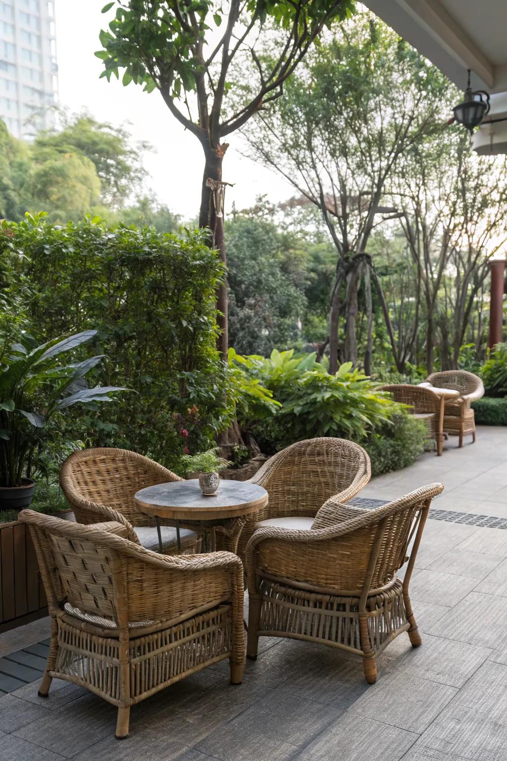 Wicker furniture adds rustic elegance to outdoor spaces.