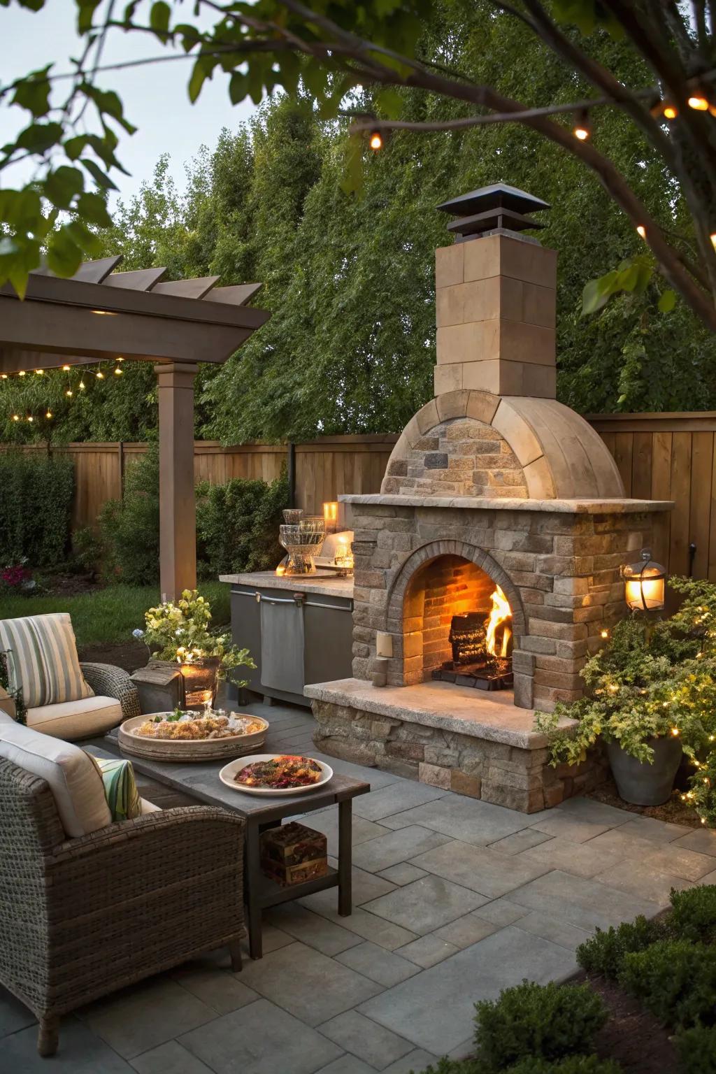 A fireplace with a pizza oven offers warmth and culinary delights.