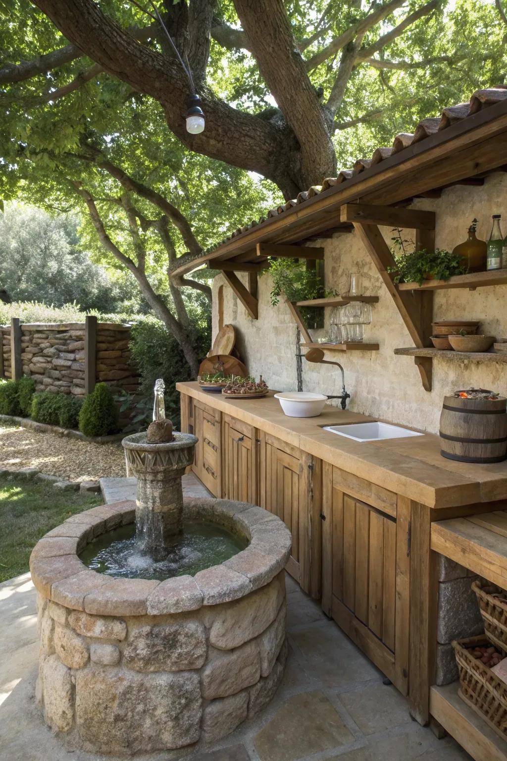 A water feature adds tranquility and elegance to the space.
