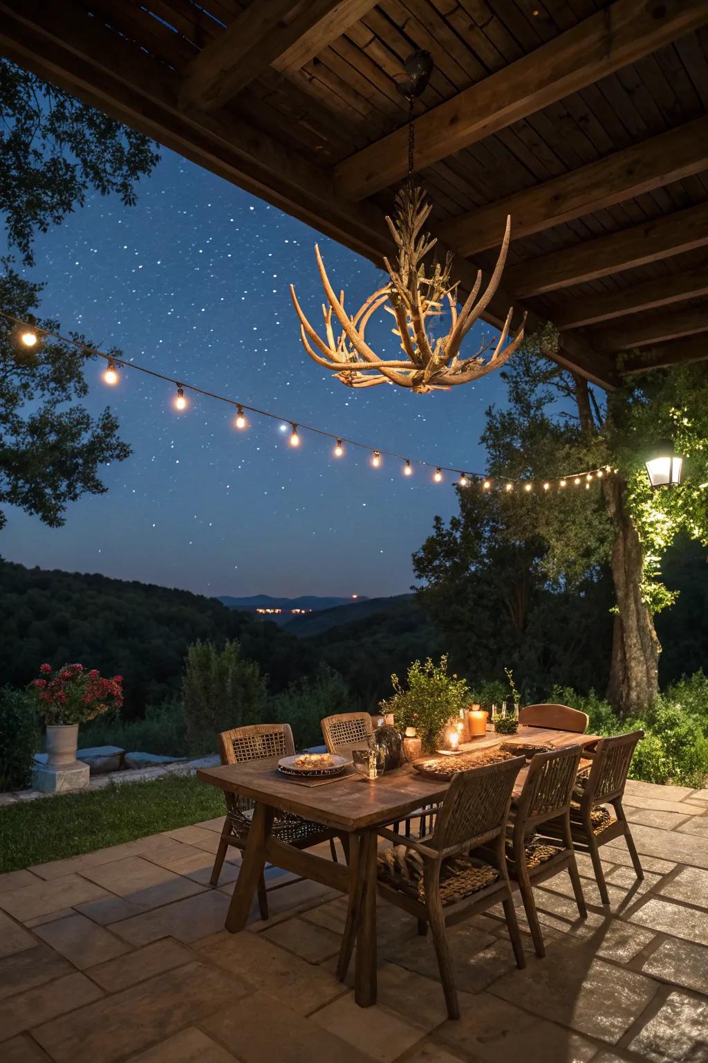 An antler chandelier adding rustic elegance to an outdoor setting.