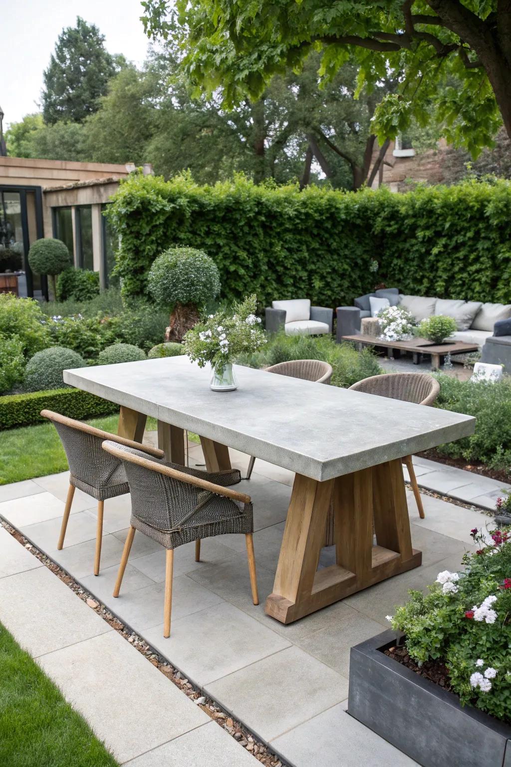 A chic table that blends rustic wood with a modern concrete top for outdoor elegance.