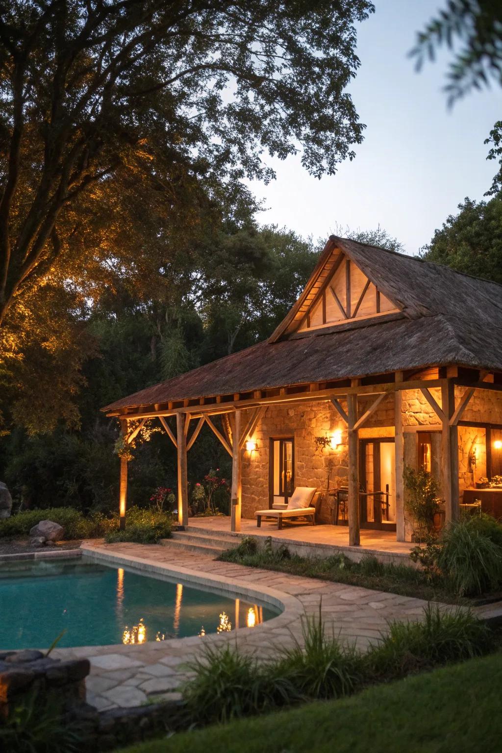 Ambient lighting transforms the pool house at night.