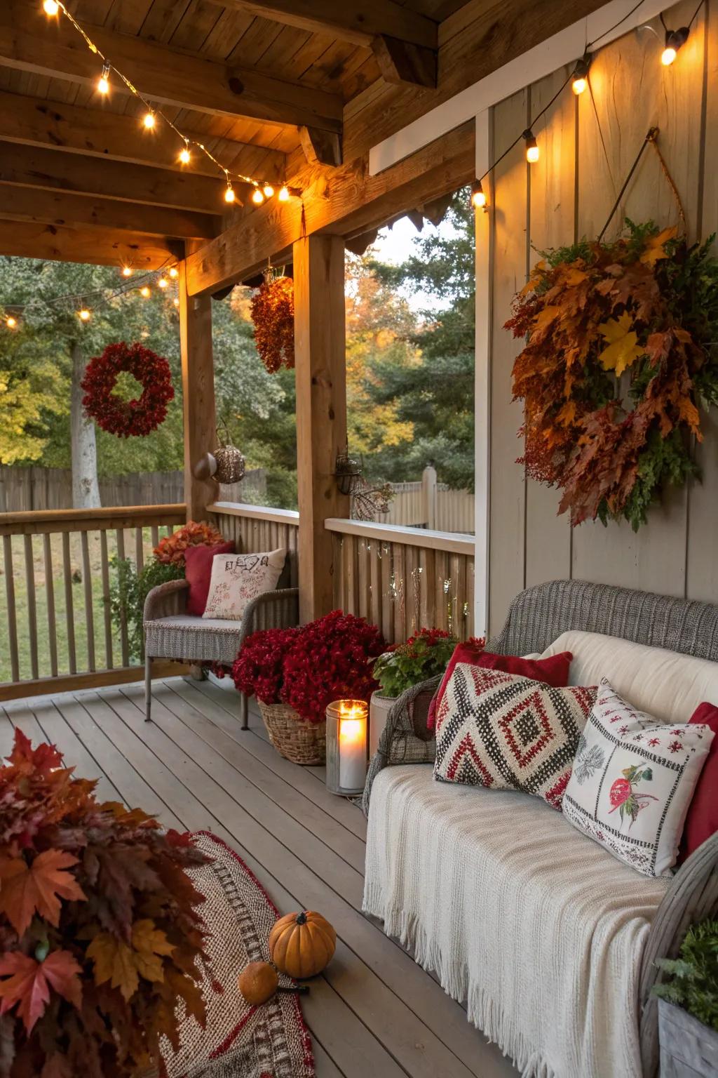 Seasonal decor keeps the porch fresh and inviting.