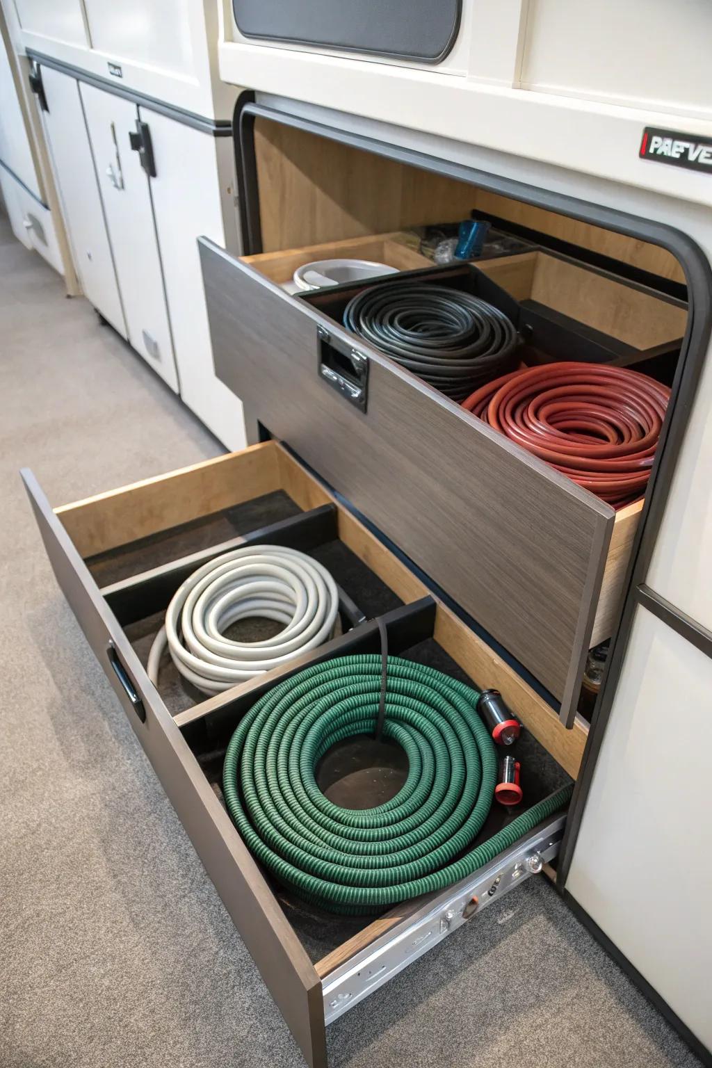 Underbench storage maximizes space efficiency for hose organization.