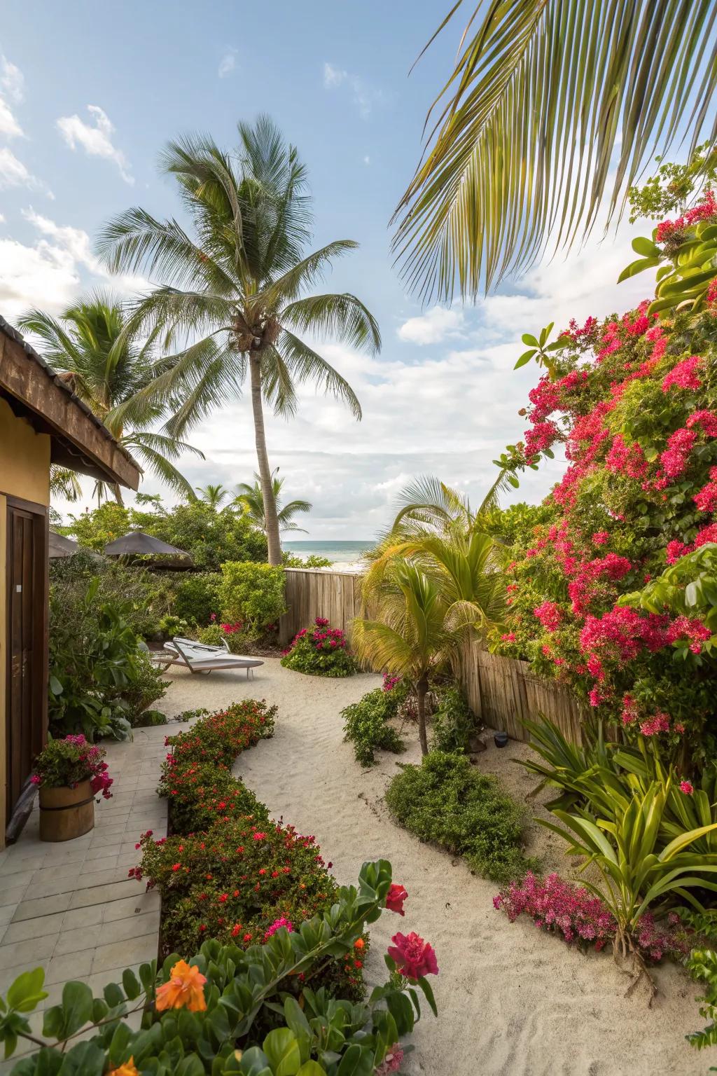 Escape to a tropical paradise with sand and lush greenery.
