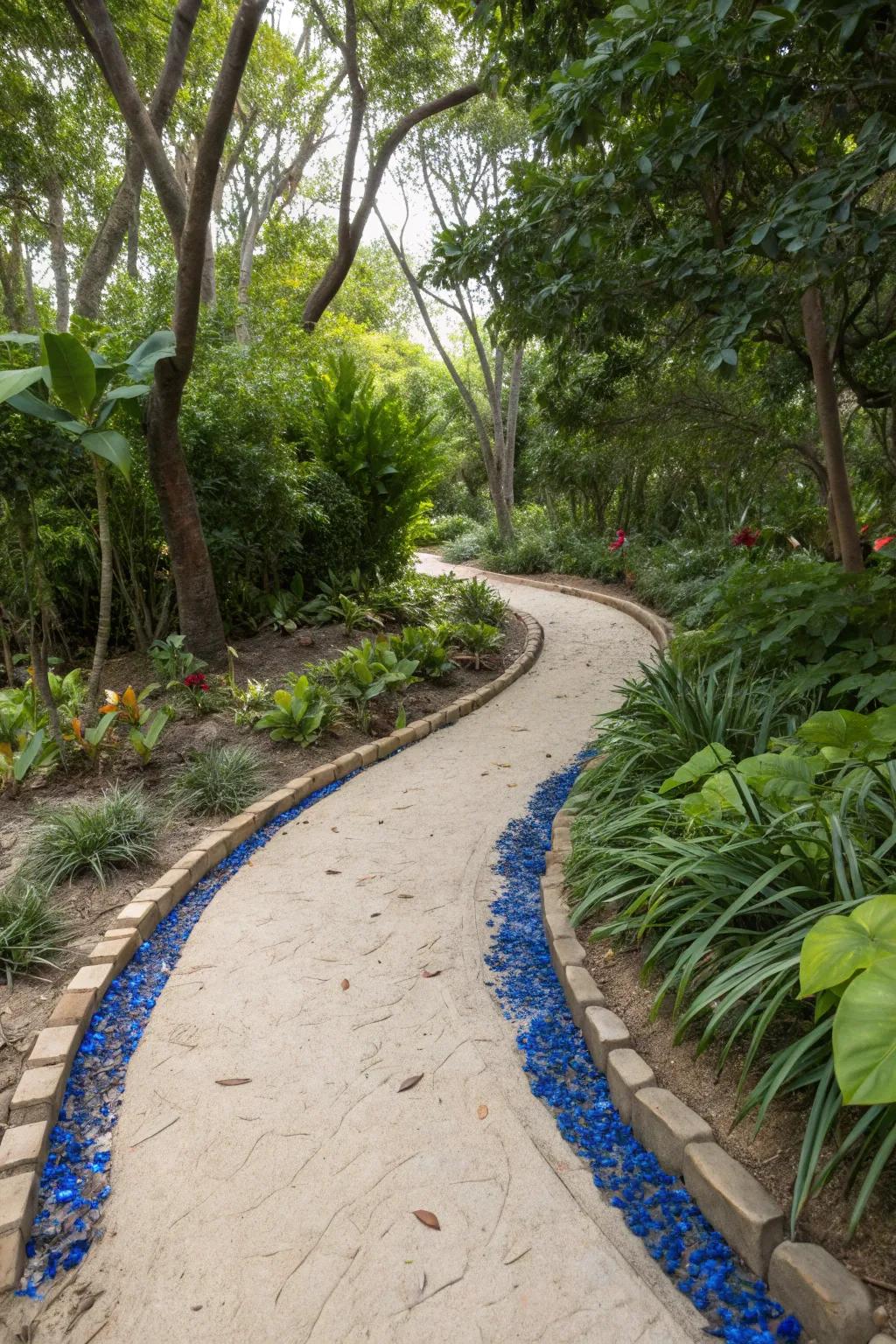 Eco-friendly glass edging for a colorful sand walkway.