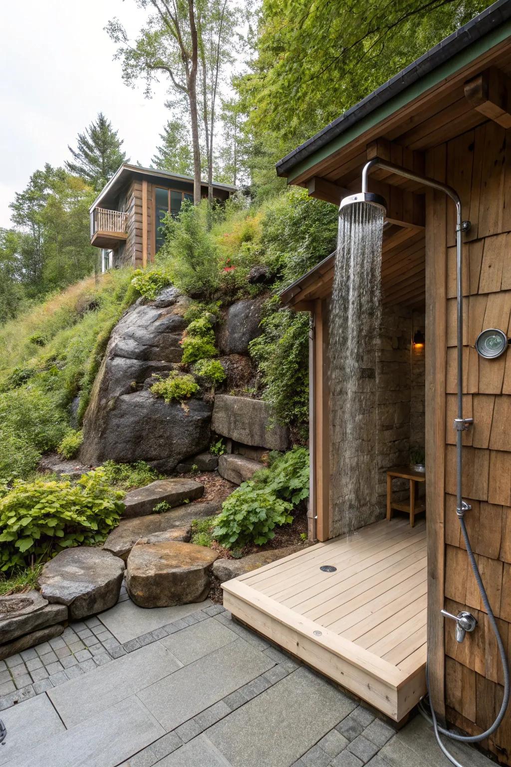 An outdoor shower complements the sauna experience beautifully.