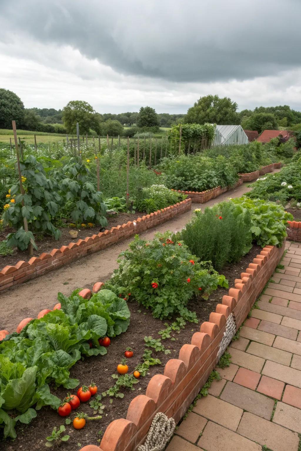 Vegetable garden neatly edged with scalloped bricks.