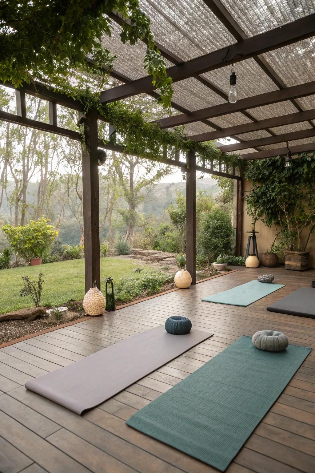 Find peace and balance in a pergola-turned-yoga retreat.