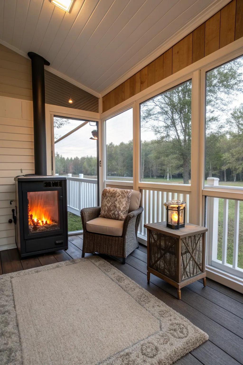 Warm up your porch with a charming fireplace.
