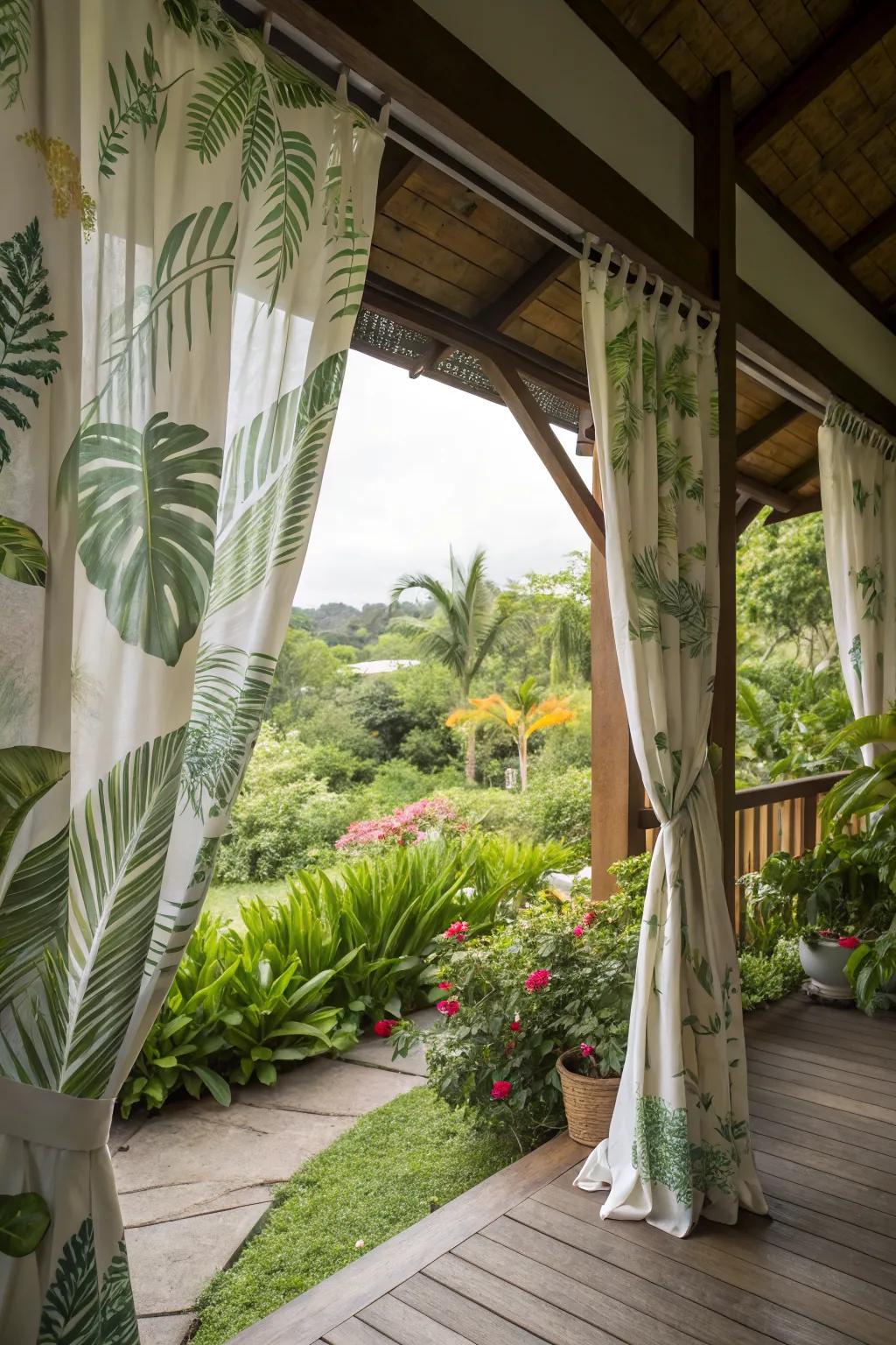 Leafy prints create a tropical escape on your porch.