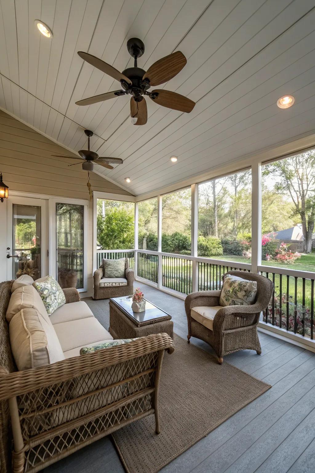 A ceiling fan provides comfort and style.