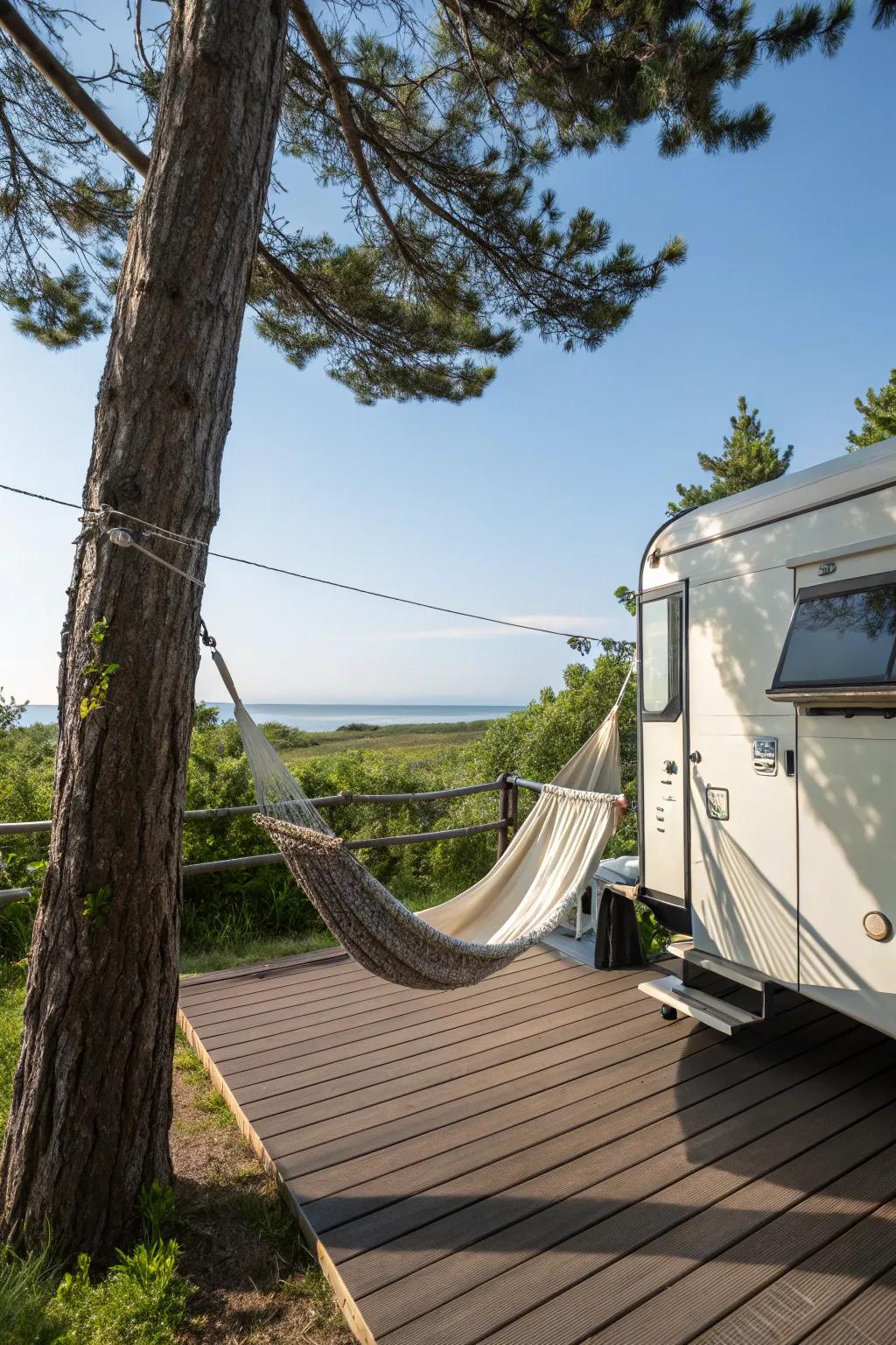 A camper deck featuring a peaceful hammock for ultimate relaxation.