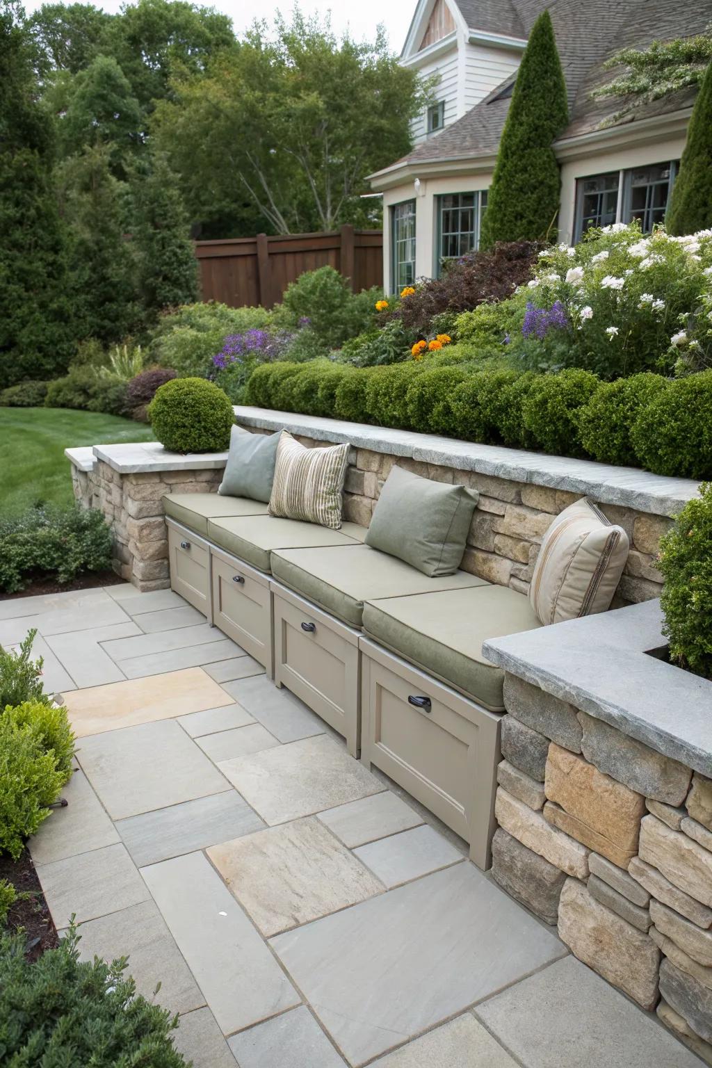 Seating wall with hidden storage for a clutter-free garden.