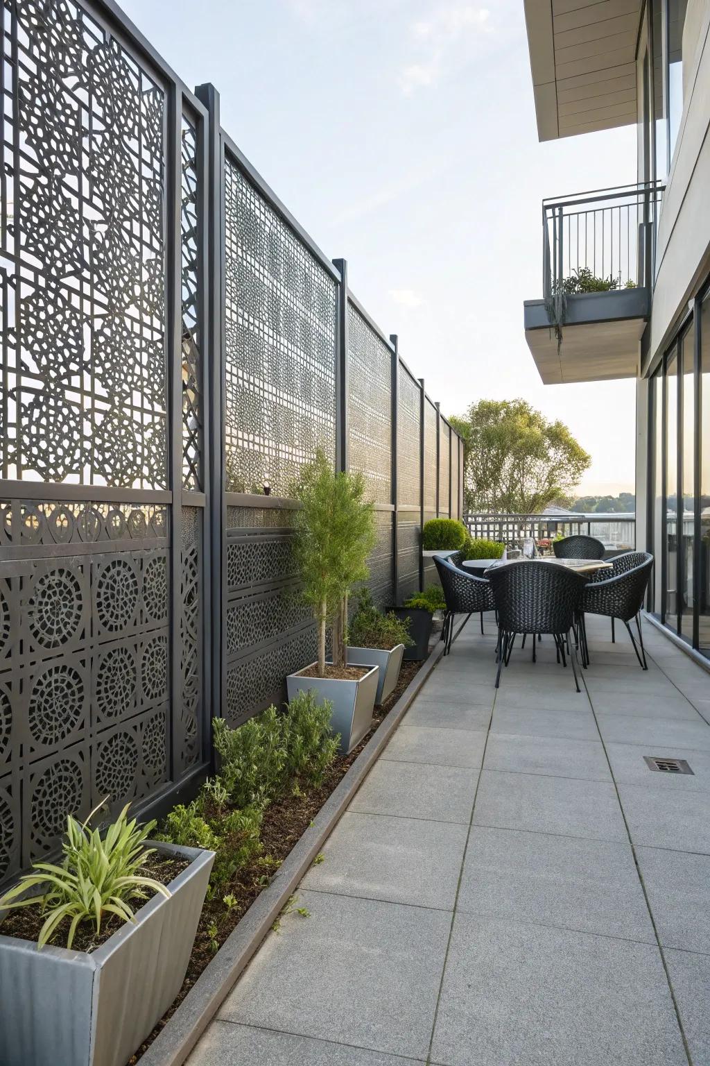 Perforated metal sheets adding an industrial touch to a fence.
