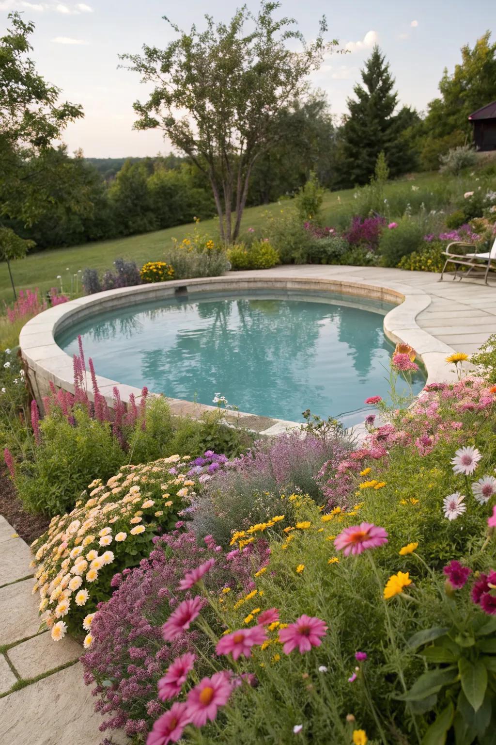 A vibrant wildflower border enhancing the beauty of a semi inground pool.