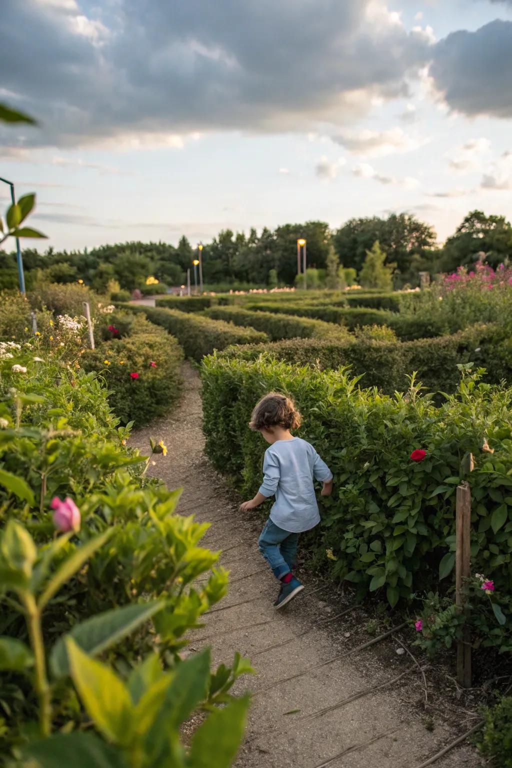 A plant maze offers a playful challenge for children in the sensory garden.