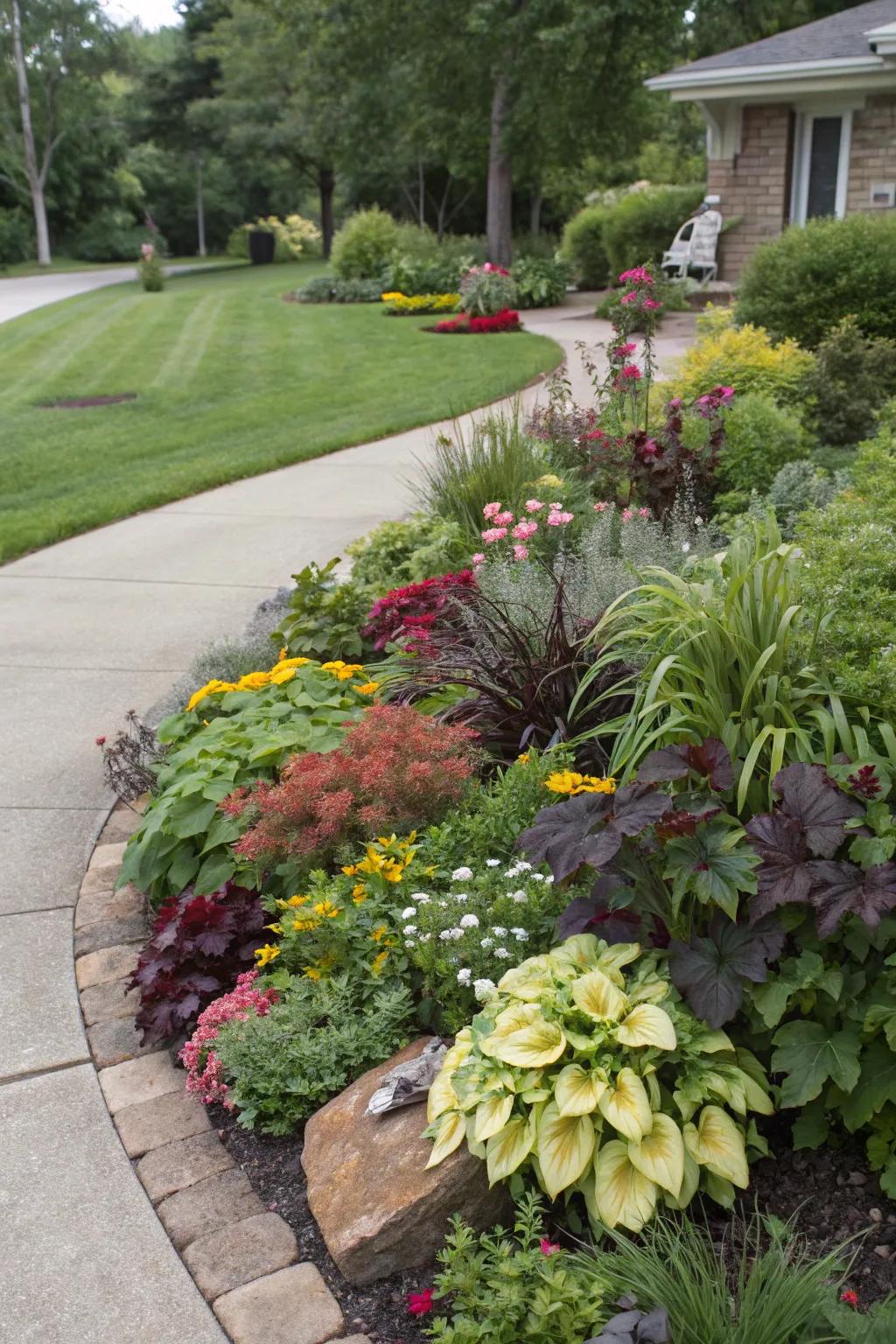 Island beds providing interest and defining the yard's edges.