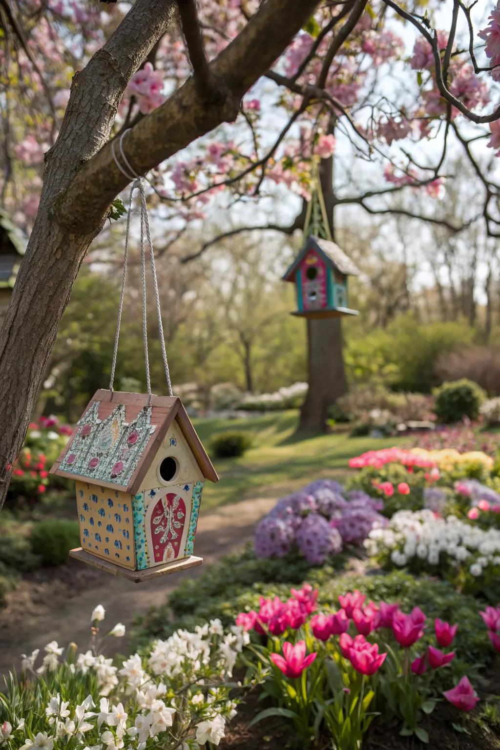 Birdhouses add charm and attract delightful feathered visitors.