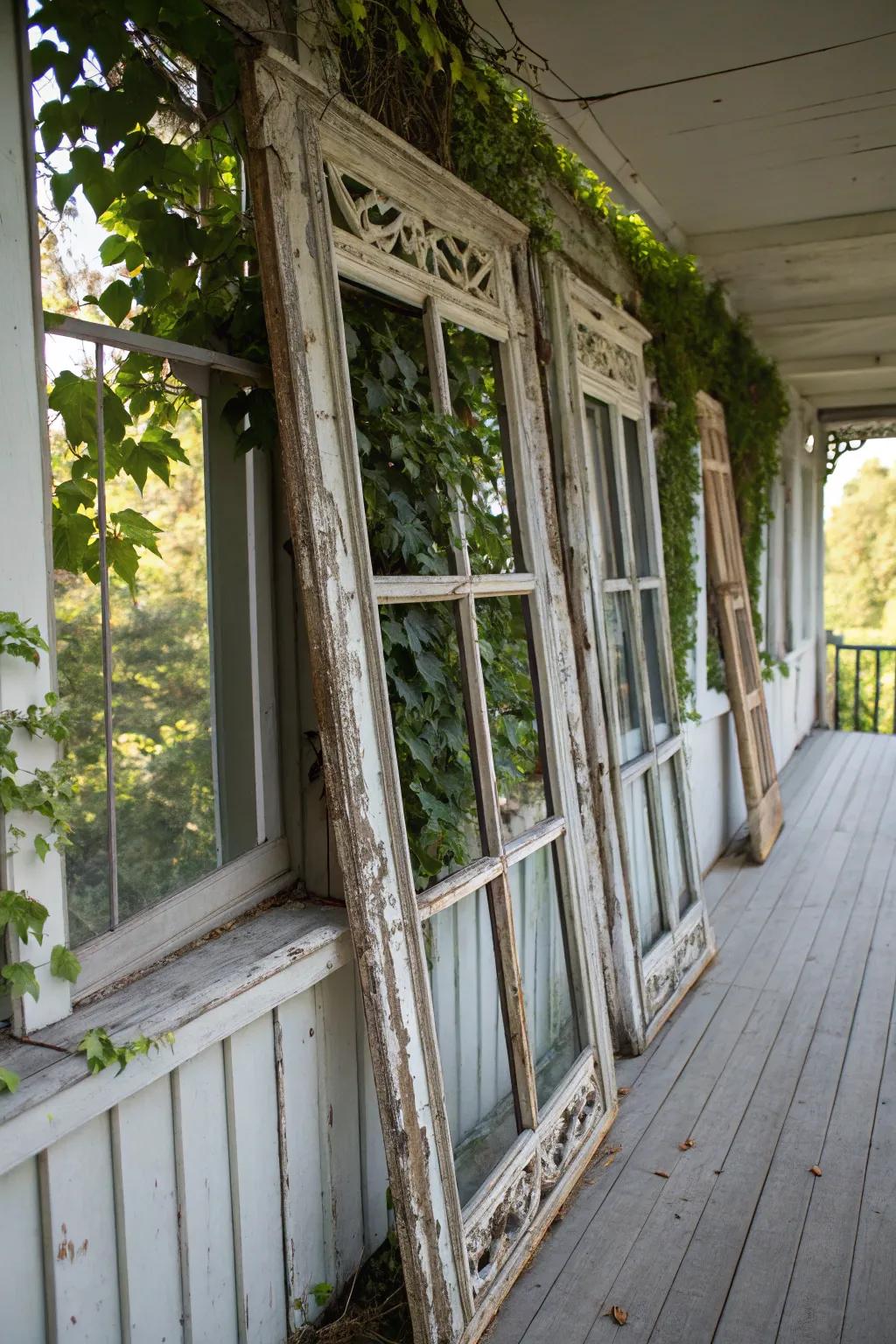 Old window frames add elegance and interest to a shabby chic porch.