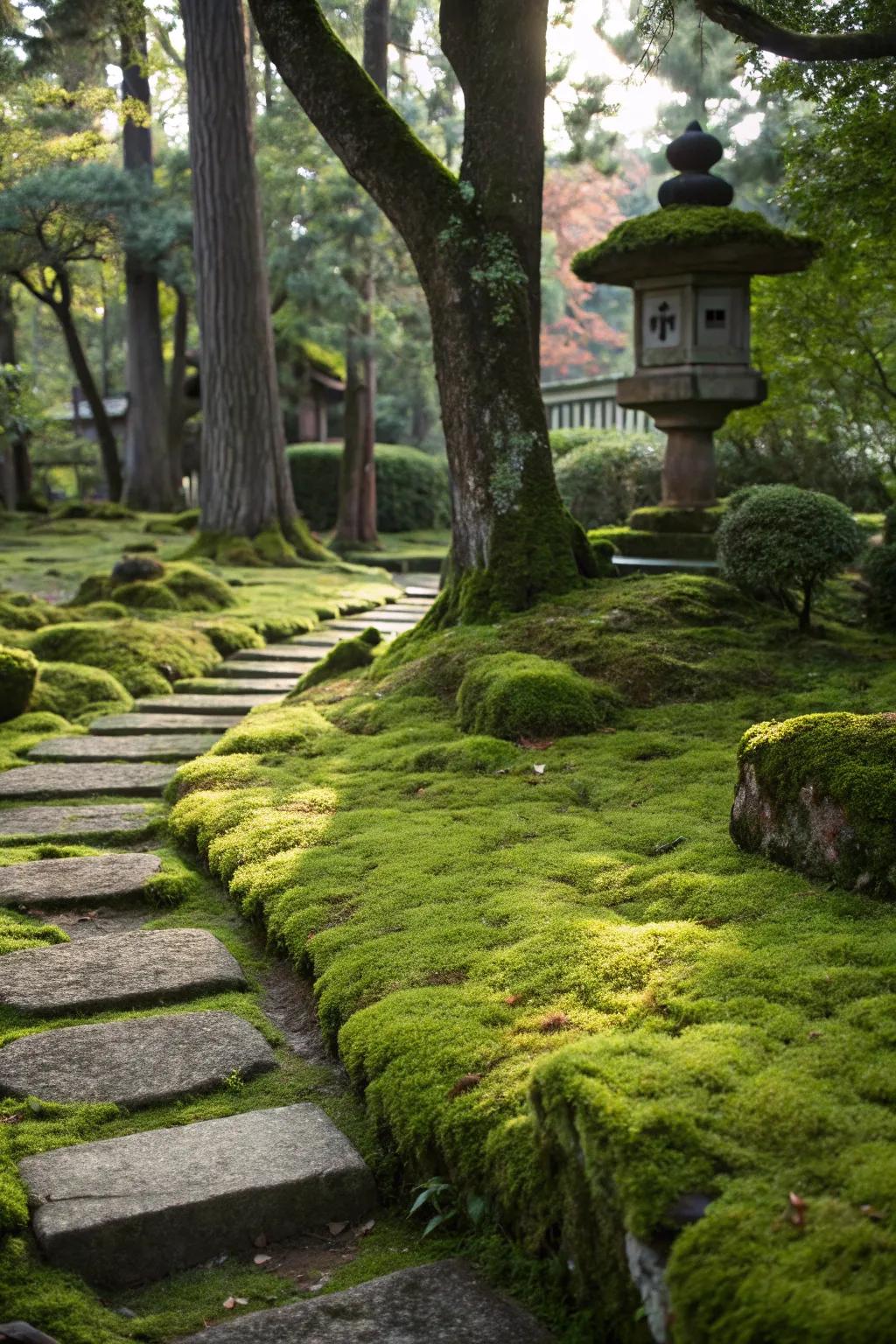 Moss gardens offer a serene and low-maintenance ground cover.