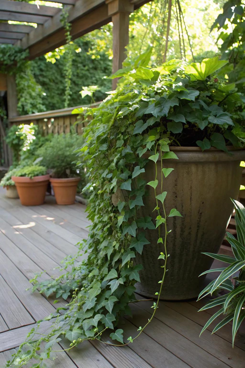 Lush sweet potato vine spilling over a pot, enhancing a shaded space.