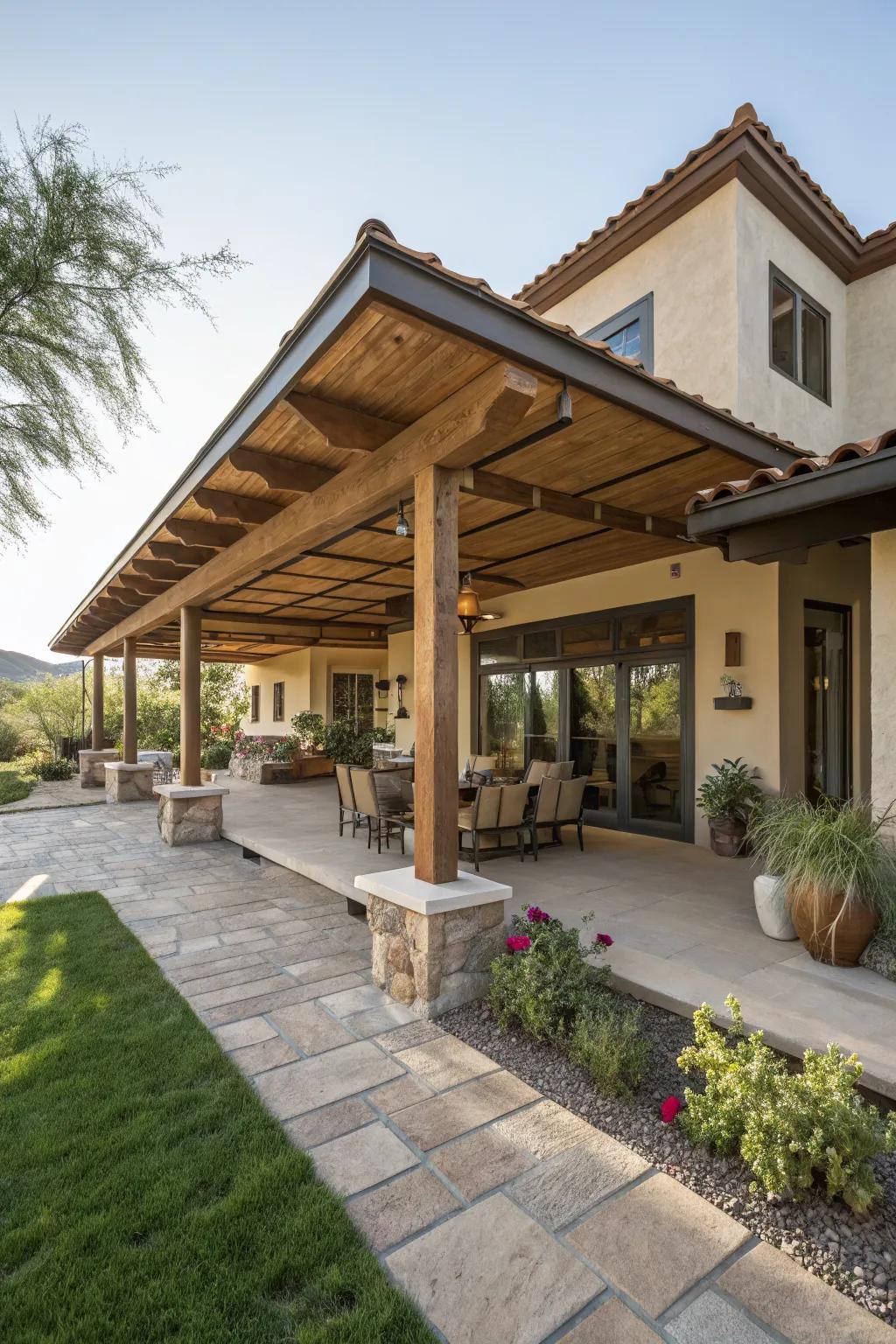 Roof overhangs seamlessly extend indoor spaces into shaded outdoor areas.