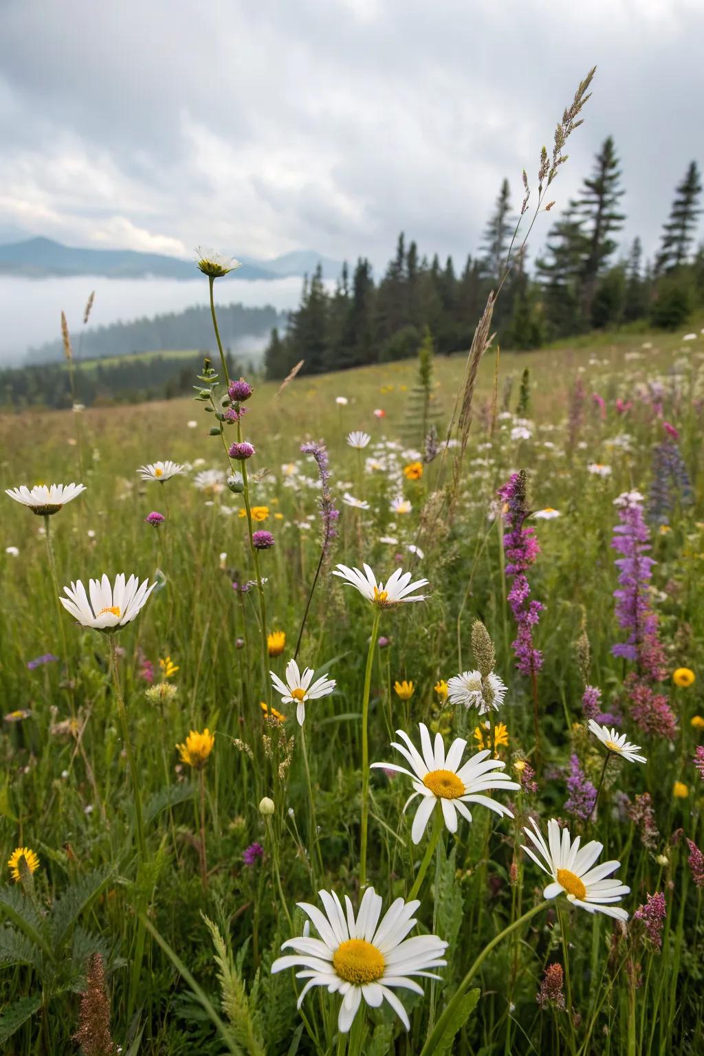 A wildflower meadow with Shasta daisies, capturing the essence of nature.