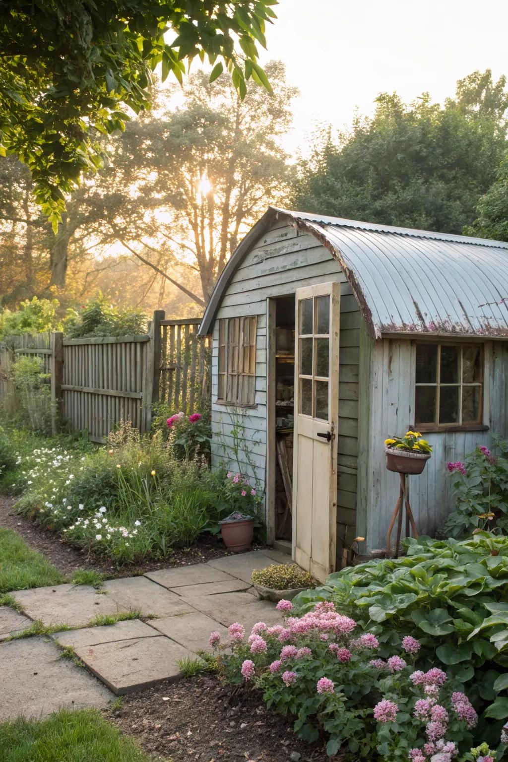 A vintage tin overhang that adds nostalgic charm to your shed.