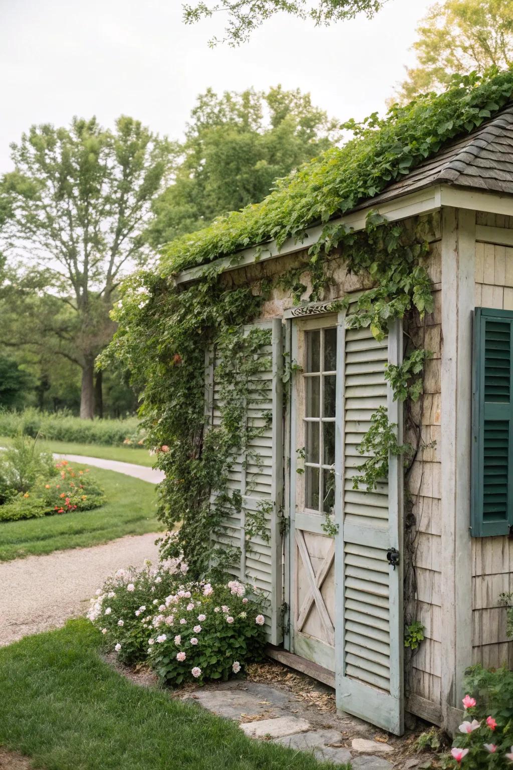 A shed enhanced with charming decorative features.