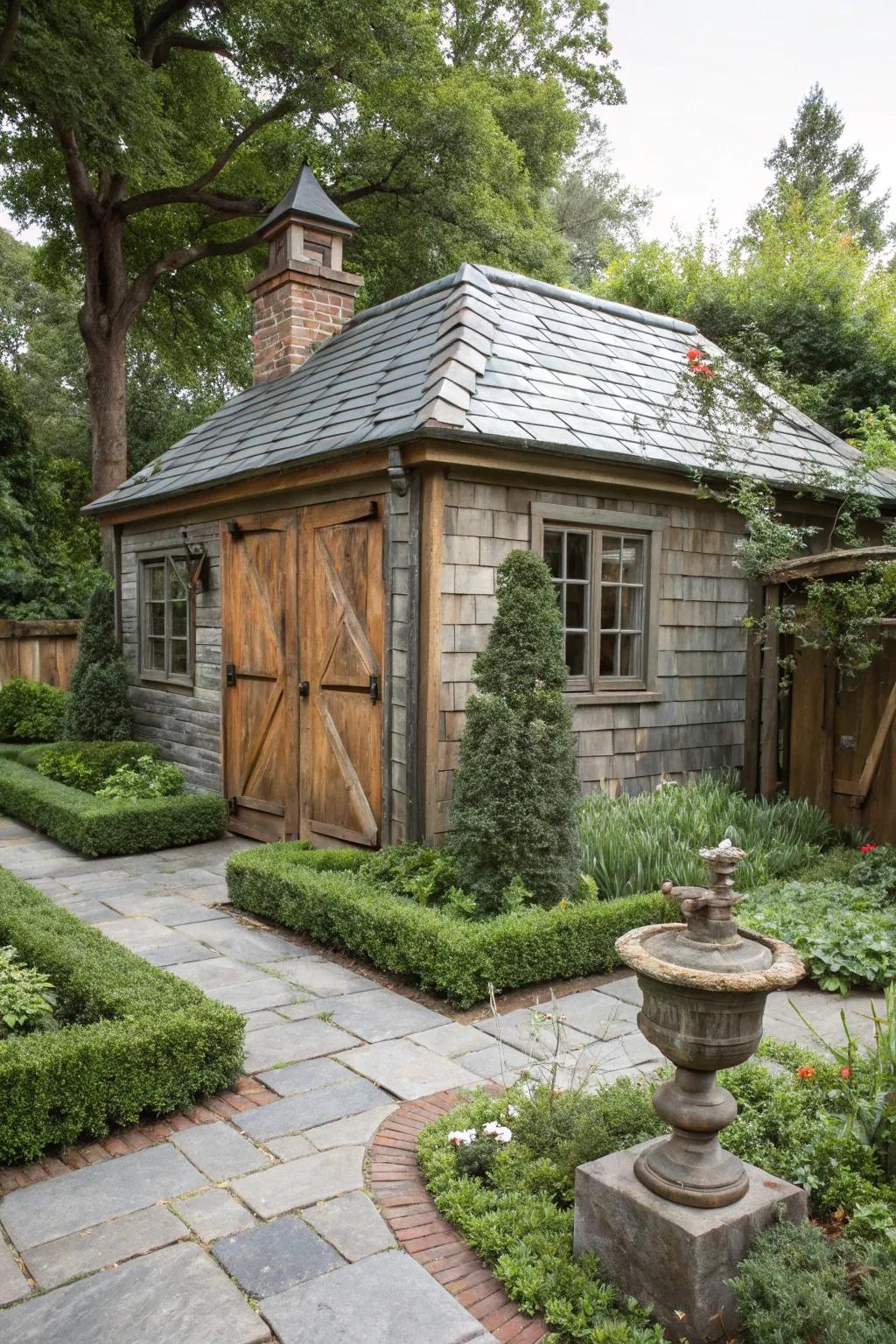Vintage slate tiles add a classic touch to any garden shed.