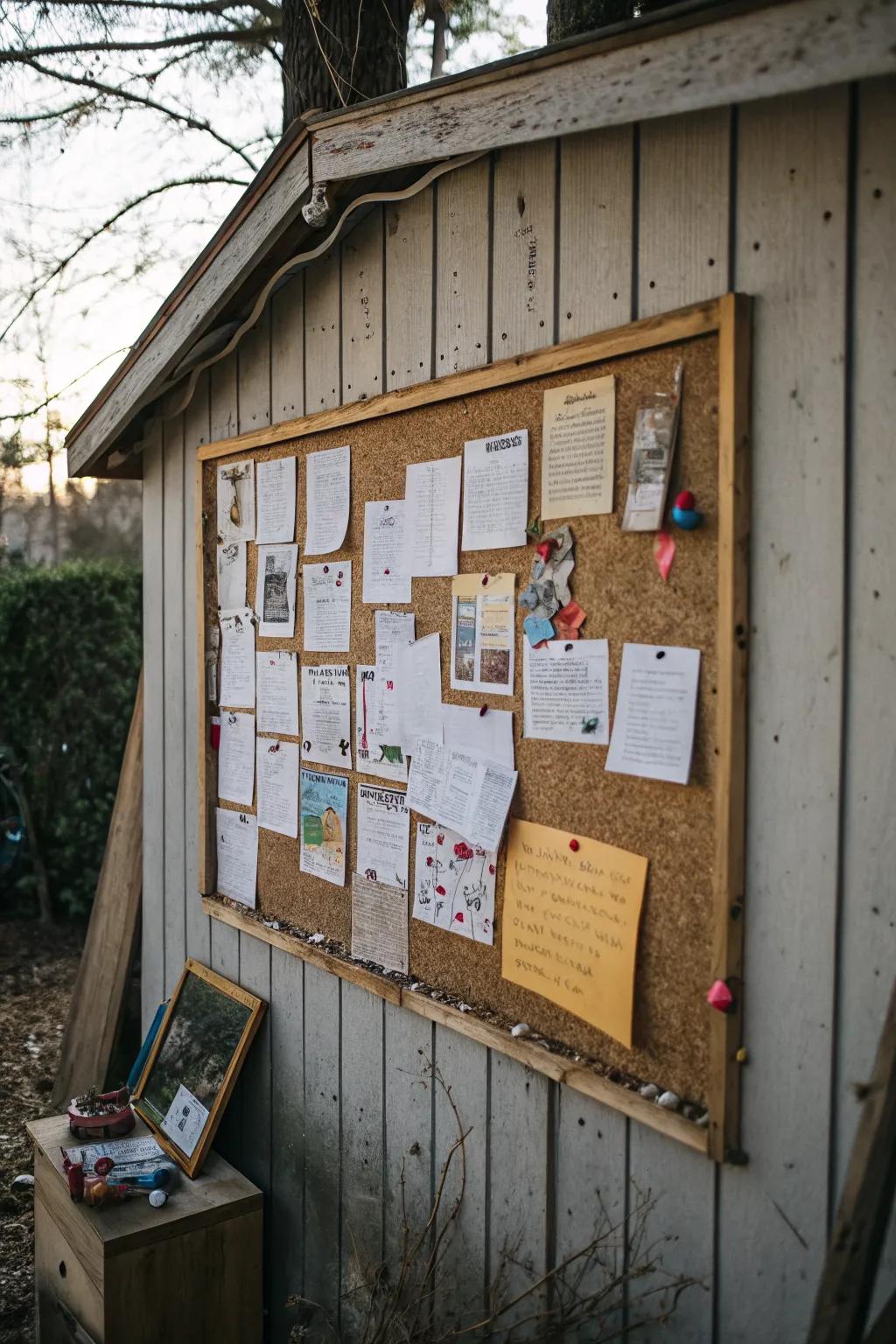 A message board wall for notes and inspiration in a shed.