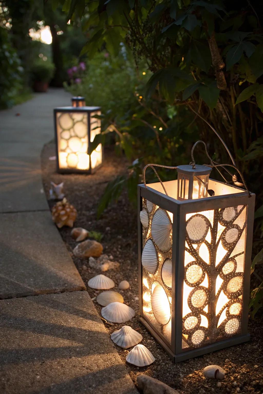 Create an inviting ambiance with seashell-decorated garden lanterns.