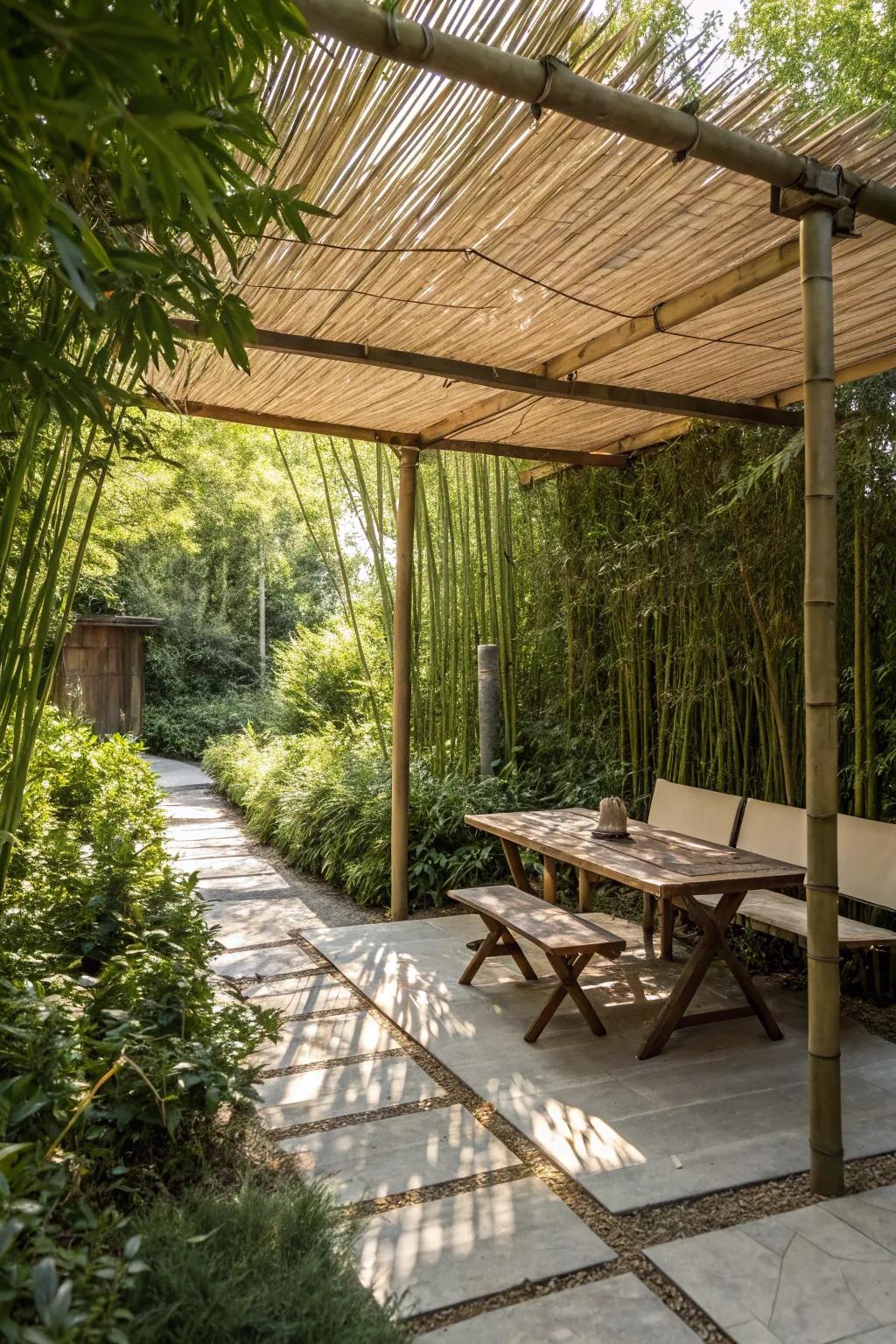 A bamboo canopy offers natural garden shade.