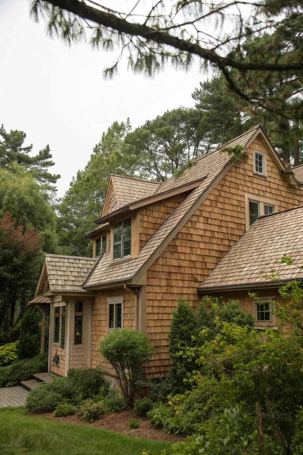 Natural harmony with earthy-toned shingles.