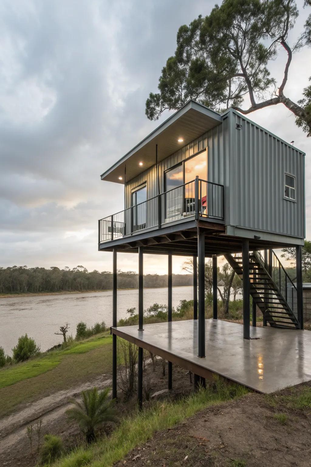Elevated foundations provide protection and style for container homes.