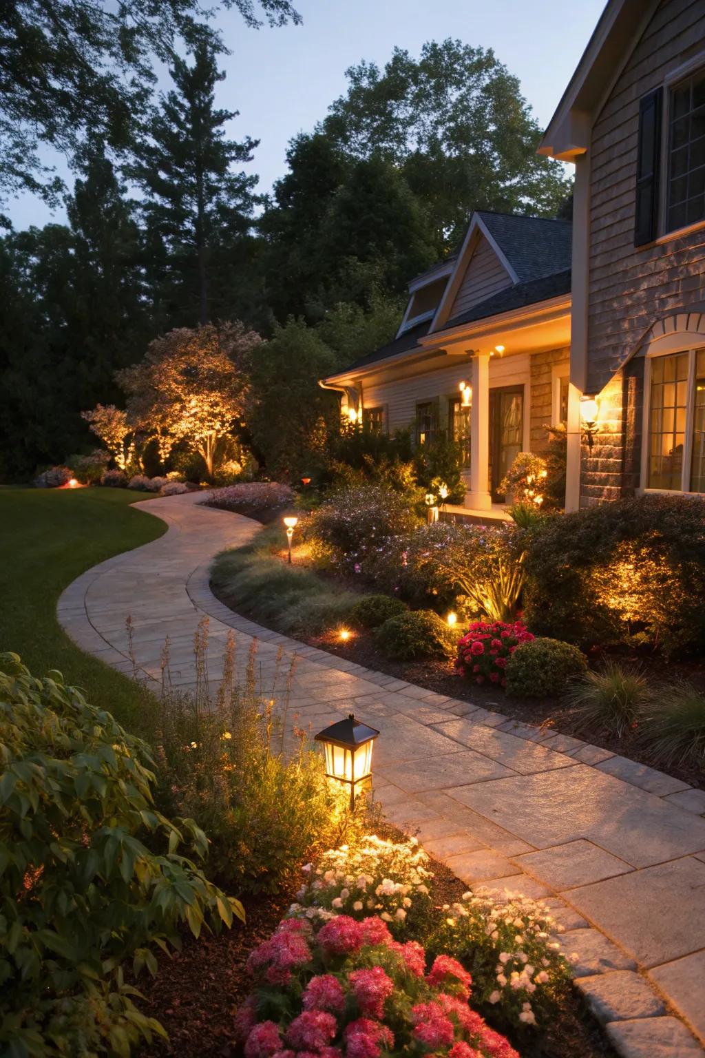 Magical lighting that transforms the front yard as night falls.