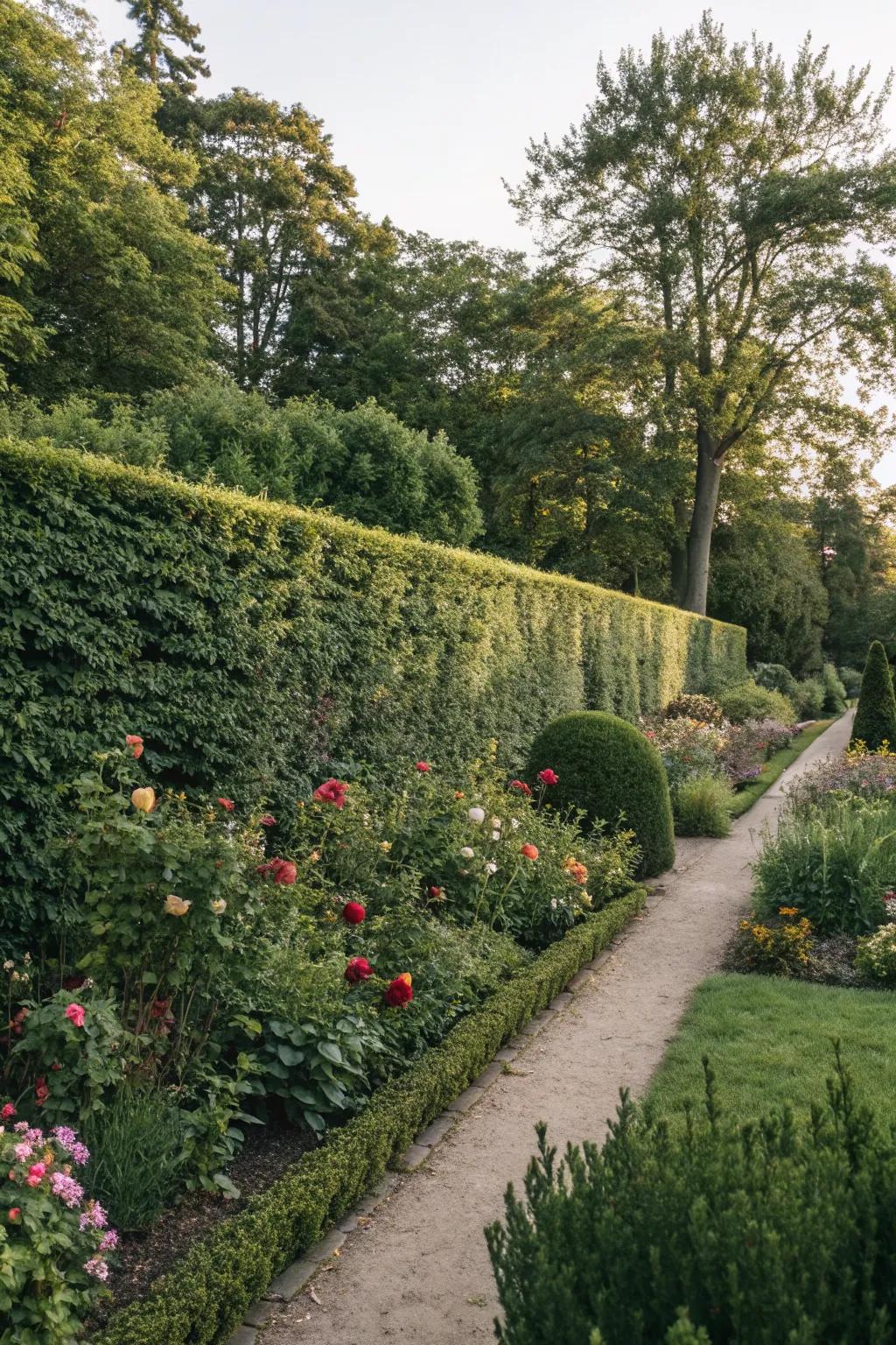 A natural boundary created by a lush shrub hedge.