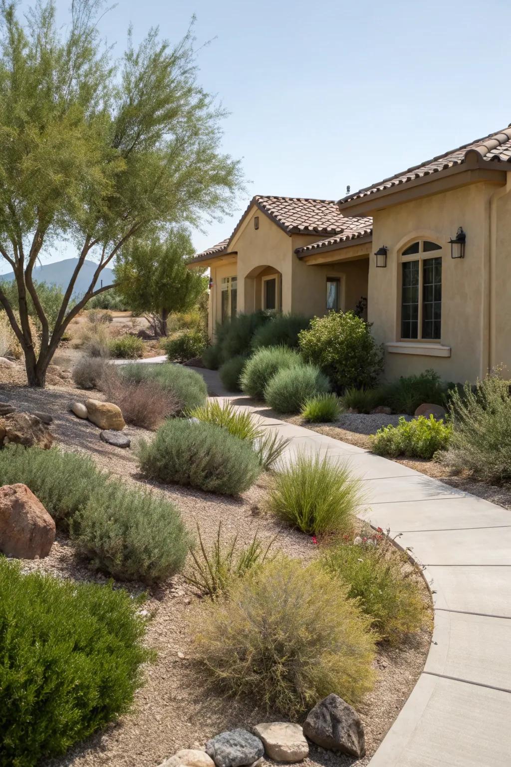 Drought-resistant shrubs thrive with minimal water.
