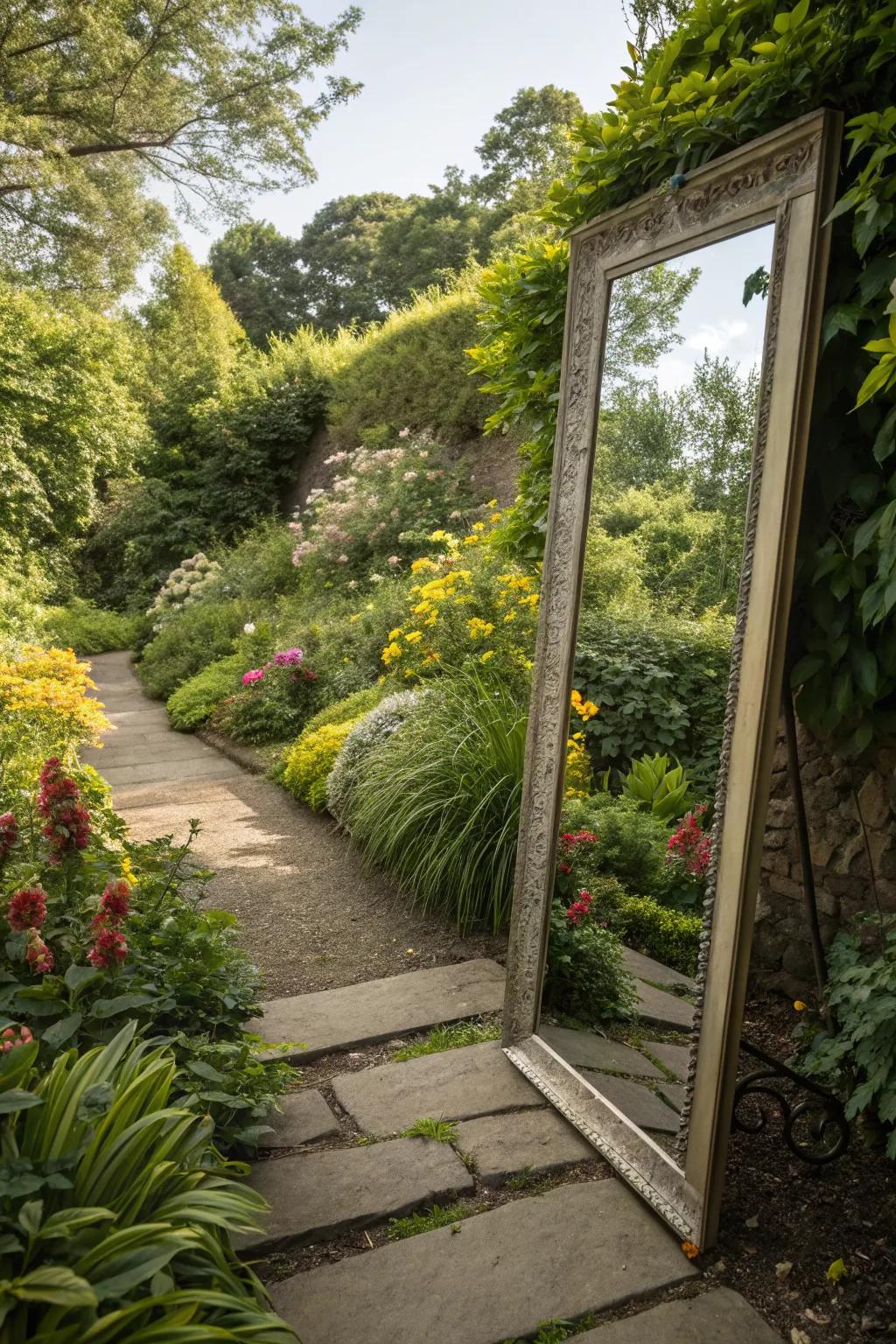 A mirror creates the illusion of space in a narrow side garden.
