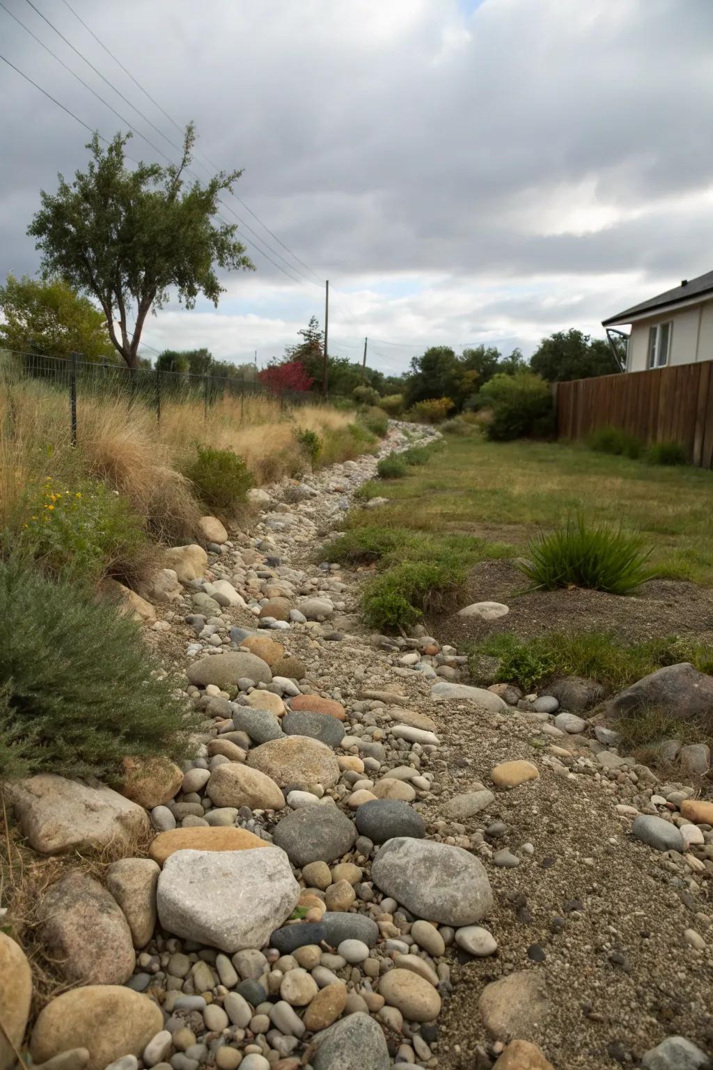 A dry creek bed adds character and aids in drainage along the side of a house.