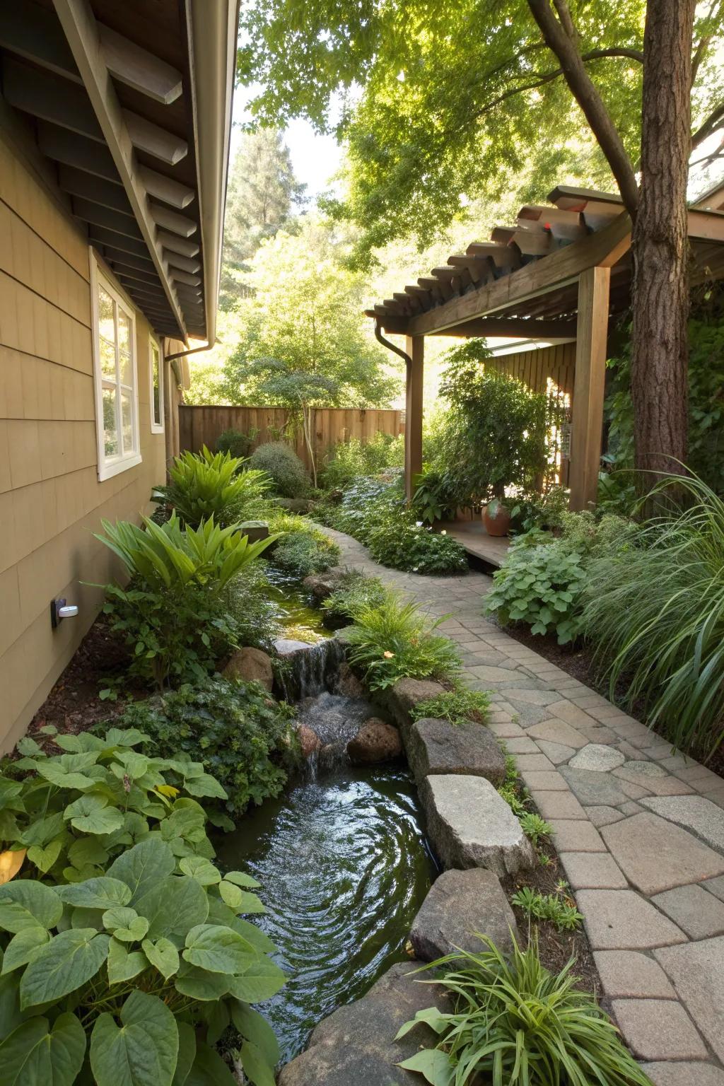 Water features add tranquility and shade to your side yard.